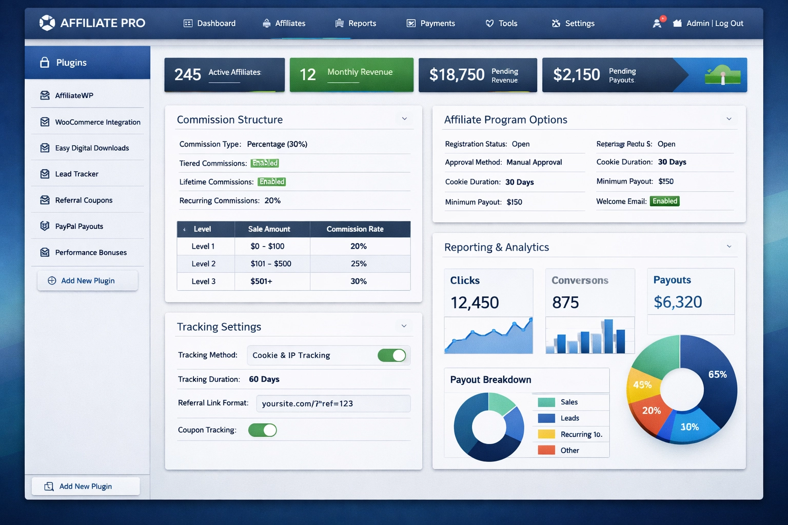 Comprehensive affiliate software dashboard with integrated plugin and feature configuration