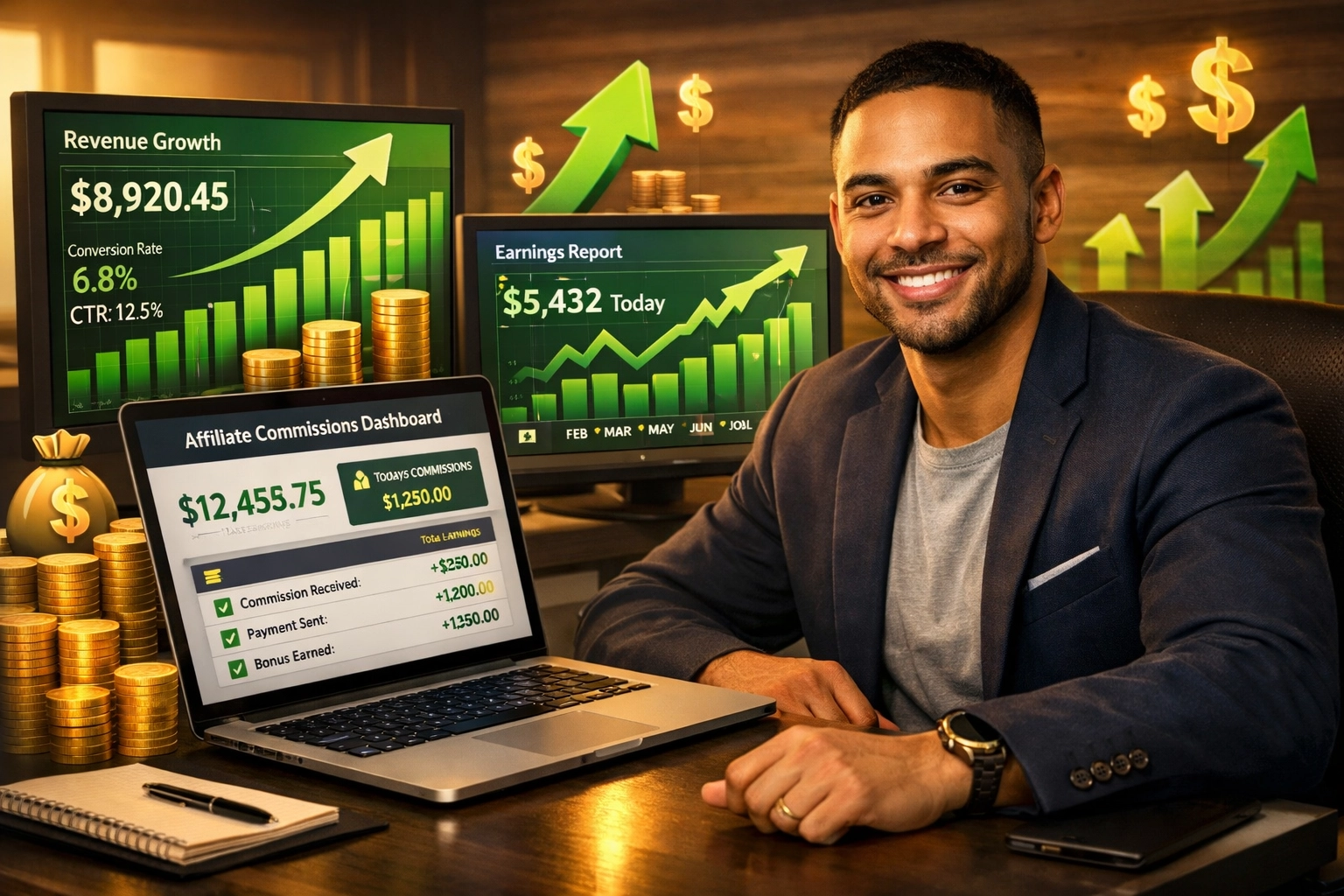 Affiliate marketer showing earnings growth with upward trending graph and commission dashboard