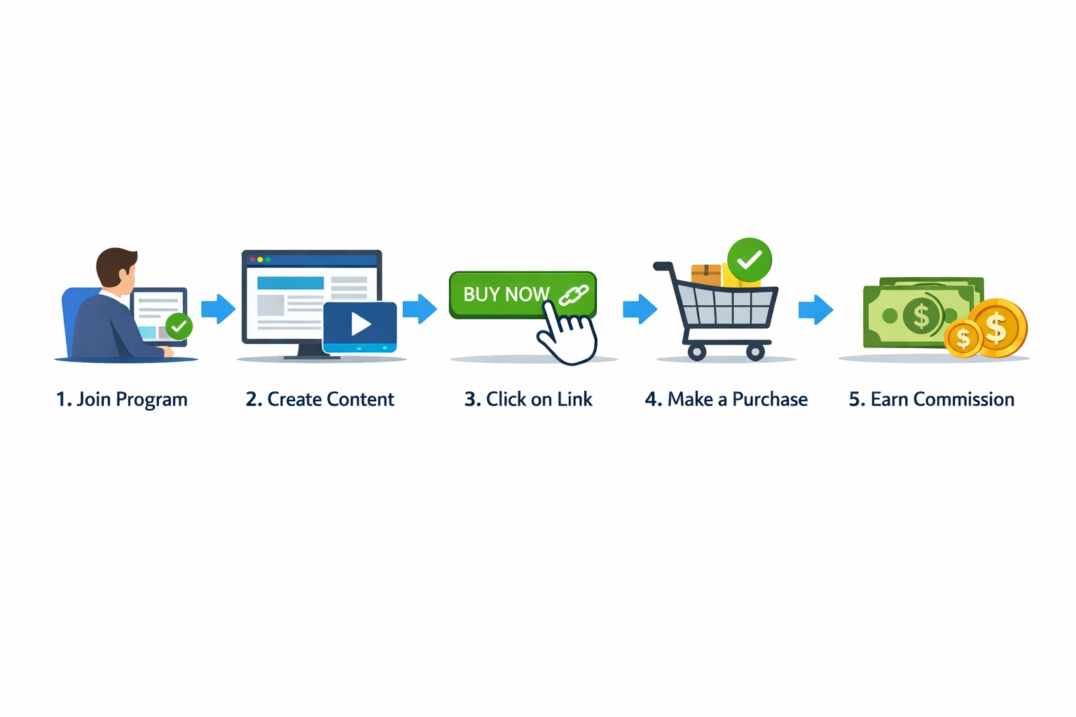 Krok za krokom affiliate workflow zobrazujúci 5 po sebe idúcich krokov od prihlásenia do programu po získanie provízie