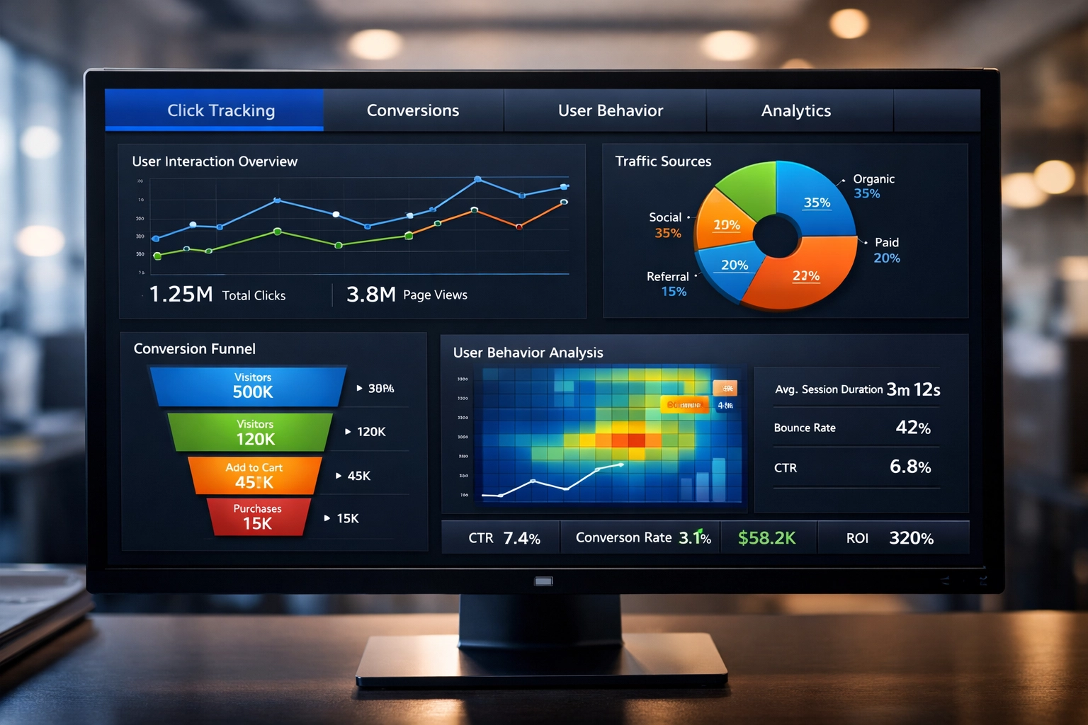 Analytický dashboard sledovania kliknutí s metrikami konverzií