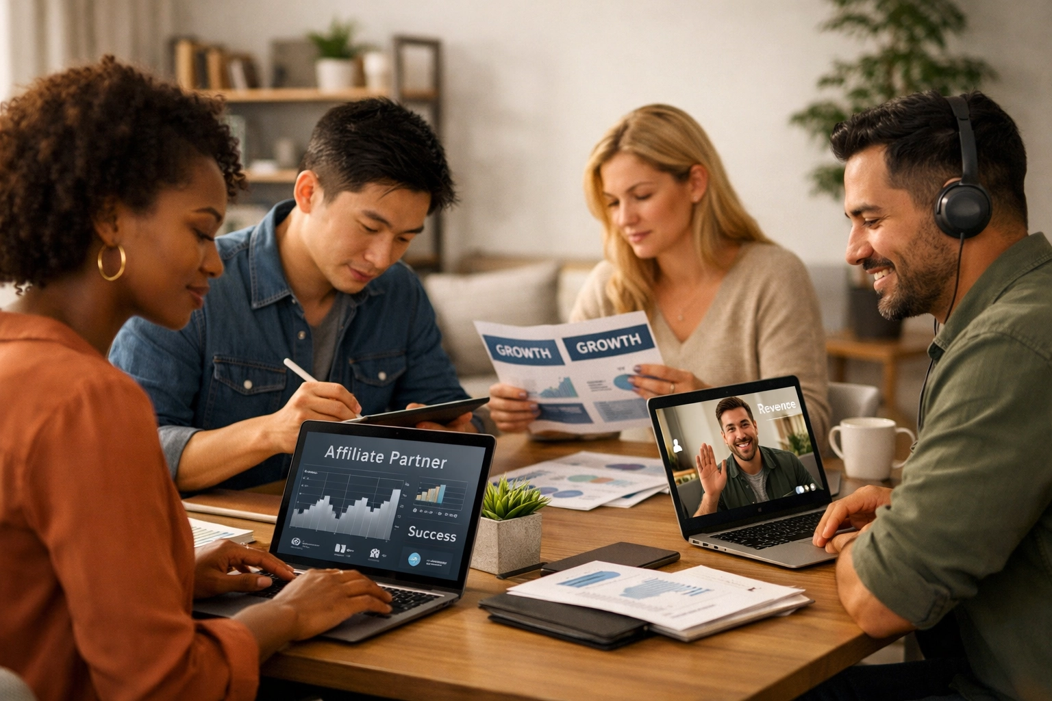 Diverzifikovaní affiliate partneri pracujúci na svojich nezávislých podnikoch v modernom spolupracujúcom priestore