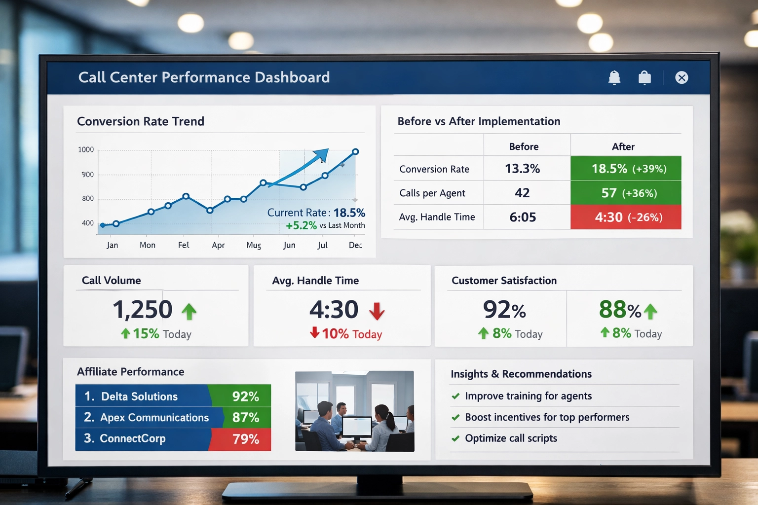 Analytics and performance tracking interface showing conversion trends and KPI metrics