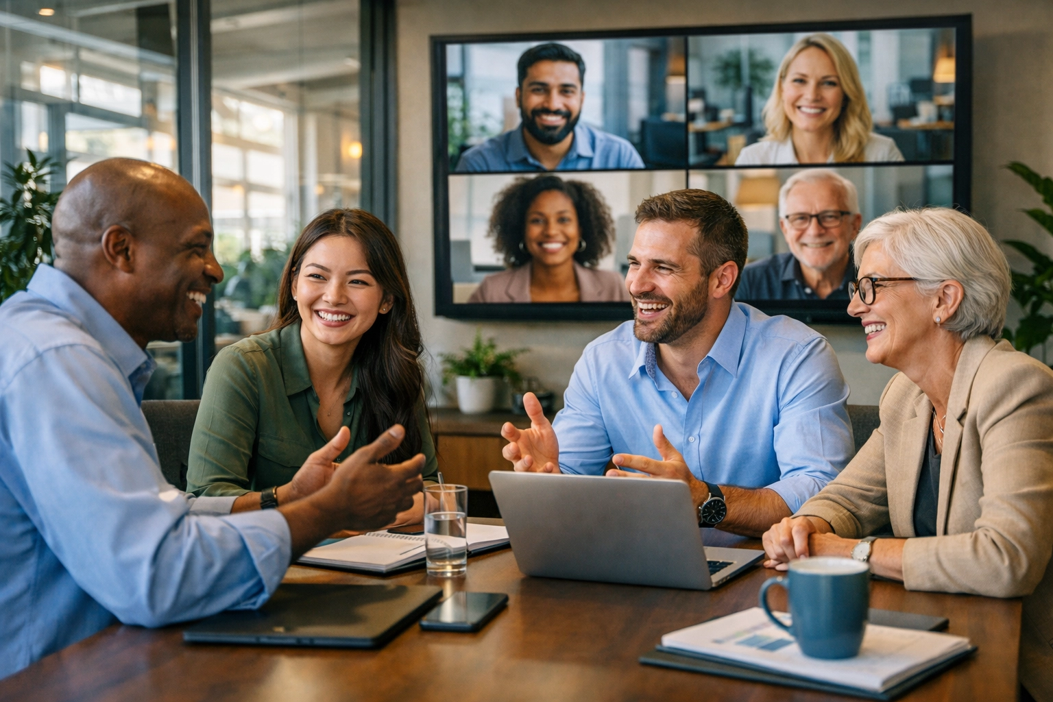 Rozmanitá skupina profesionálov spolupracuje v hybridnom prostredí s tímovou prácou a komunitou