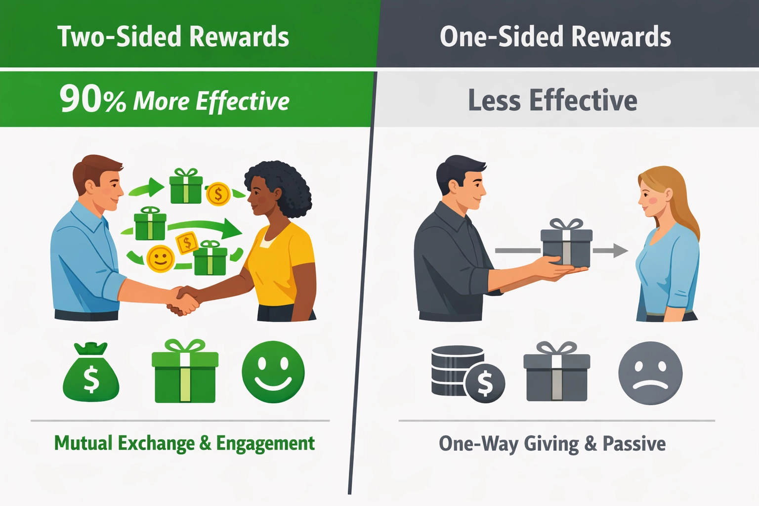 Comparison diagram showing two-sided rewards vs one-sided rewards effectiveness