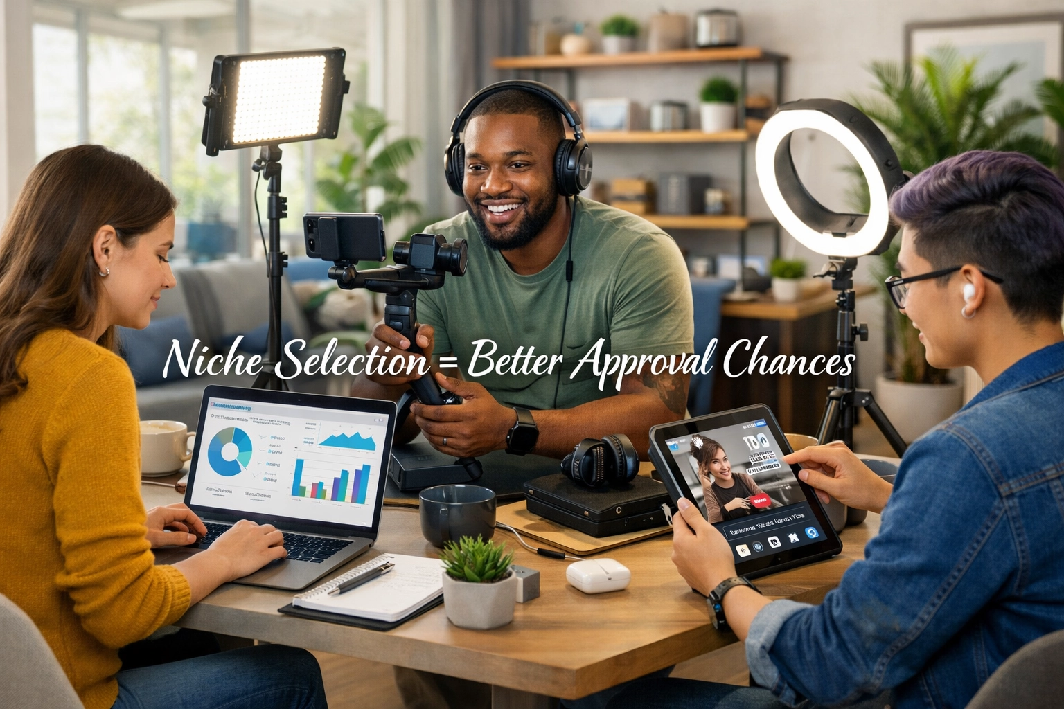 Tvorcovia obsahu a affiliate marketéri spolupracujúci v modernom pracovnom prostredí