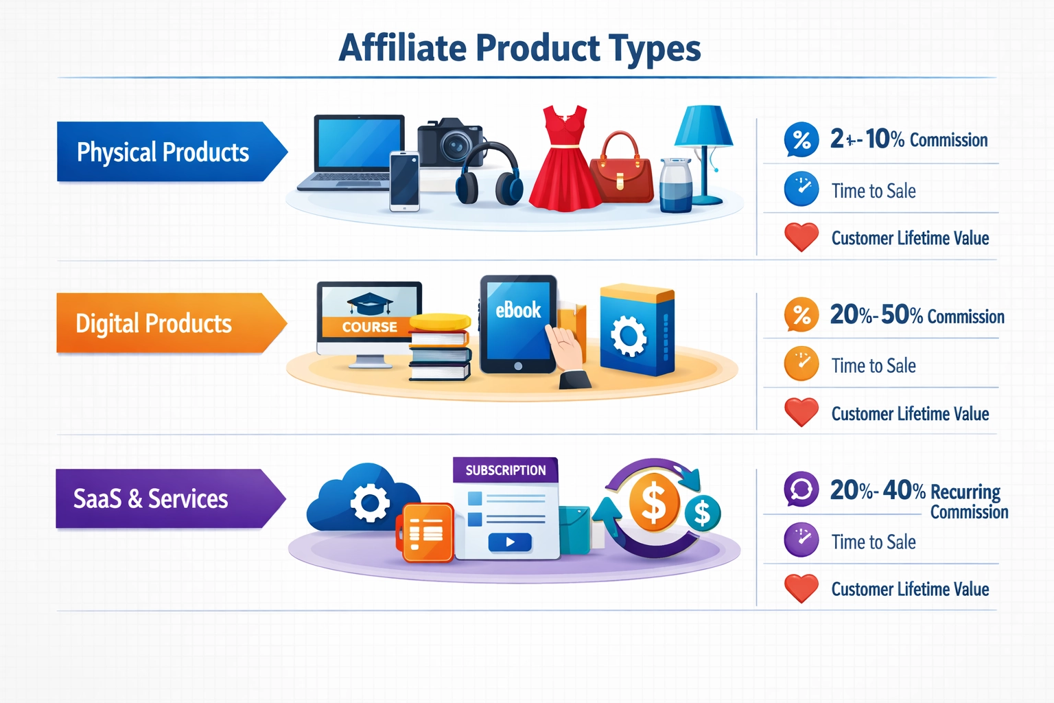Comparison of affiliate product types showing commission rates and earning potential