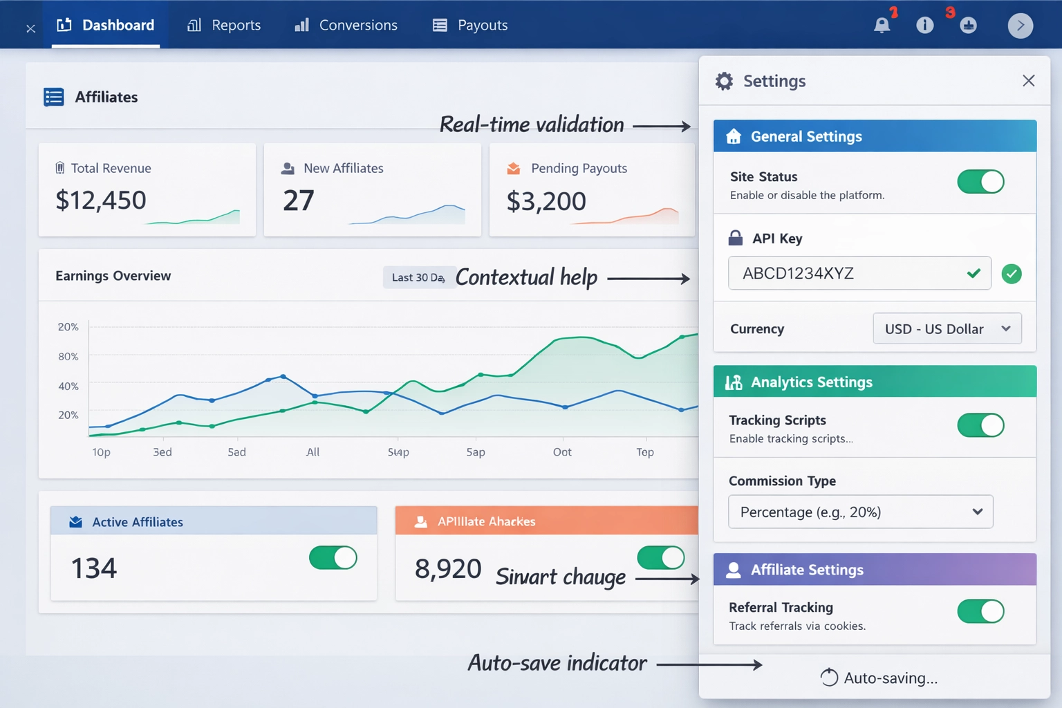 Modern in-page configuration settings panel with integrated controls and real-time feedback
