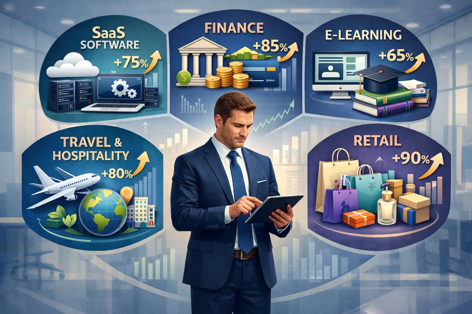 Rozmanité obchodné sektory zobrazujúce SaaS, Financie, E-learning, Cestovanie a Zdravie & Wellness s ukazovateľmi rastu