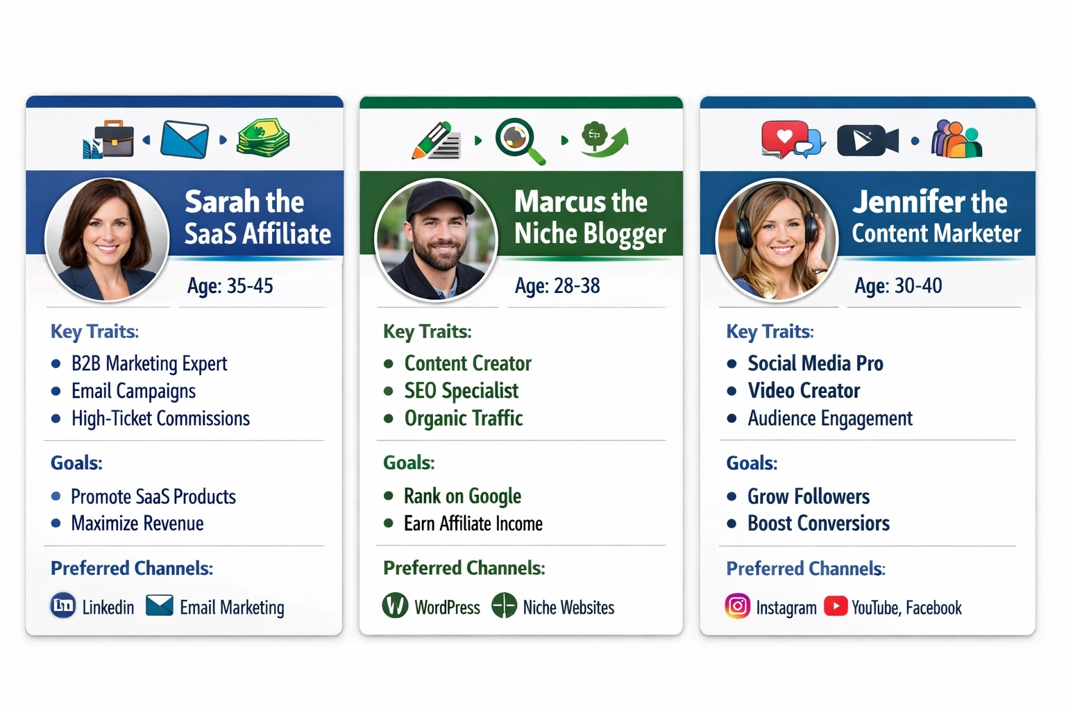 Affiliate marketing buyer personas profile cards