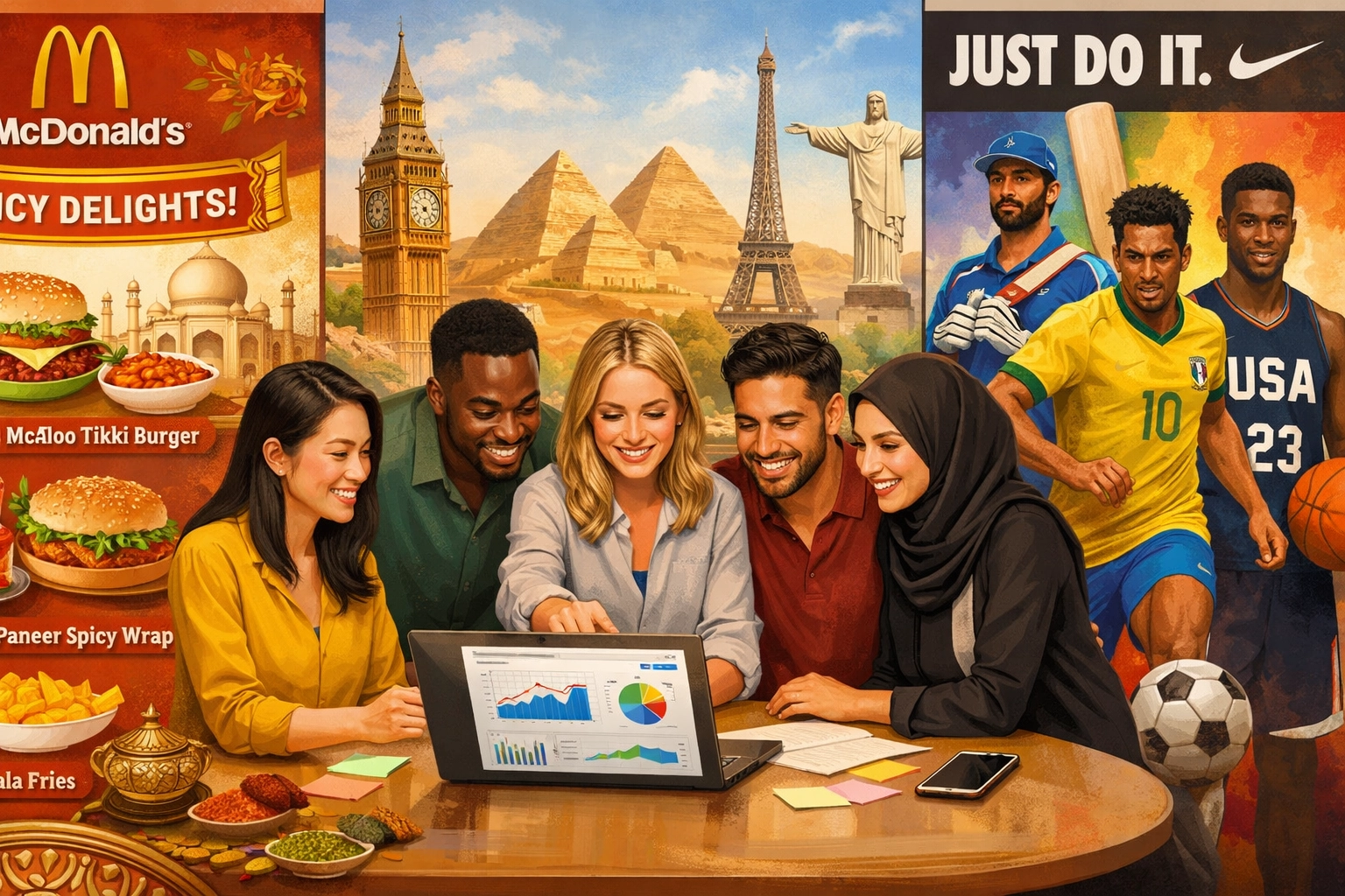 Kultúrne rôznorodý tím spolupracujúci na lokalizovaných affiliate marketingových stratégiách v rôznych regiónoch