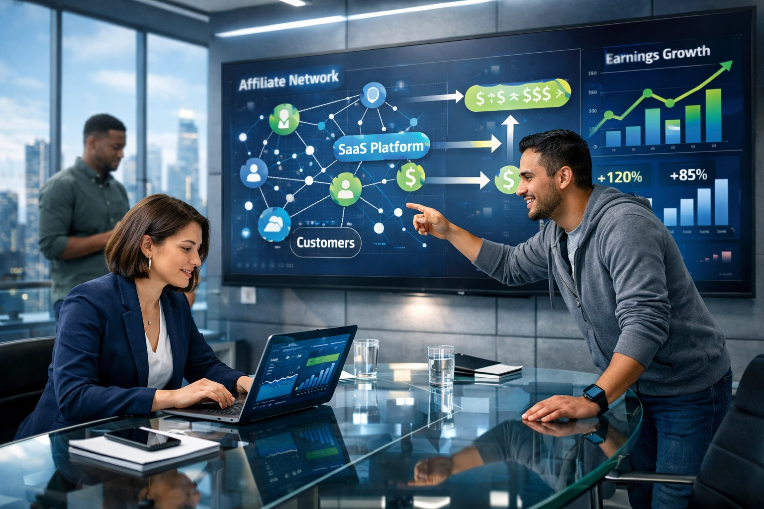 Profesionálny SaaS affiliate tím spolupracuje pri analytickom dashboarde