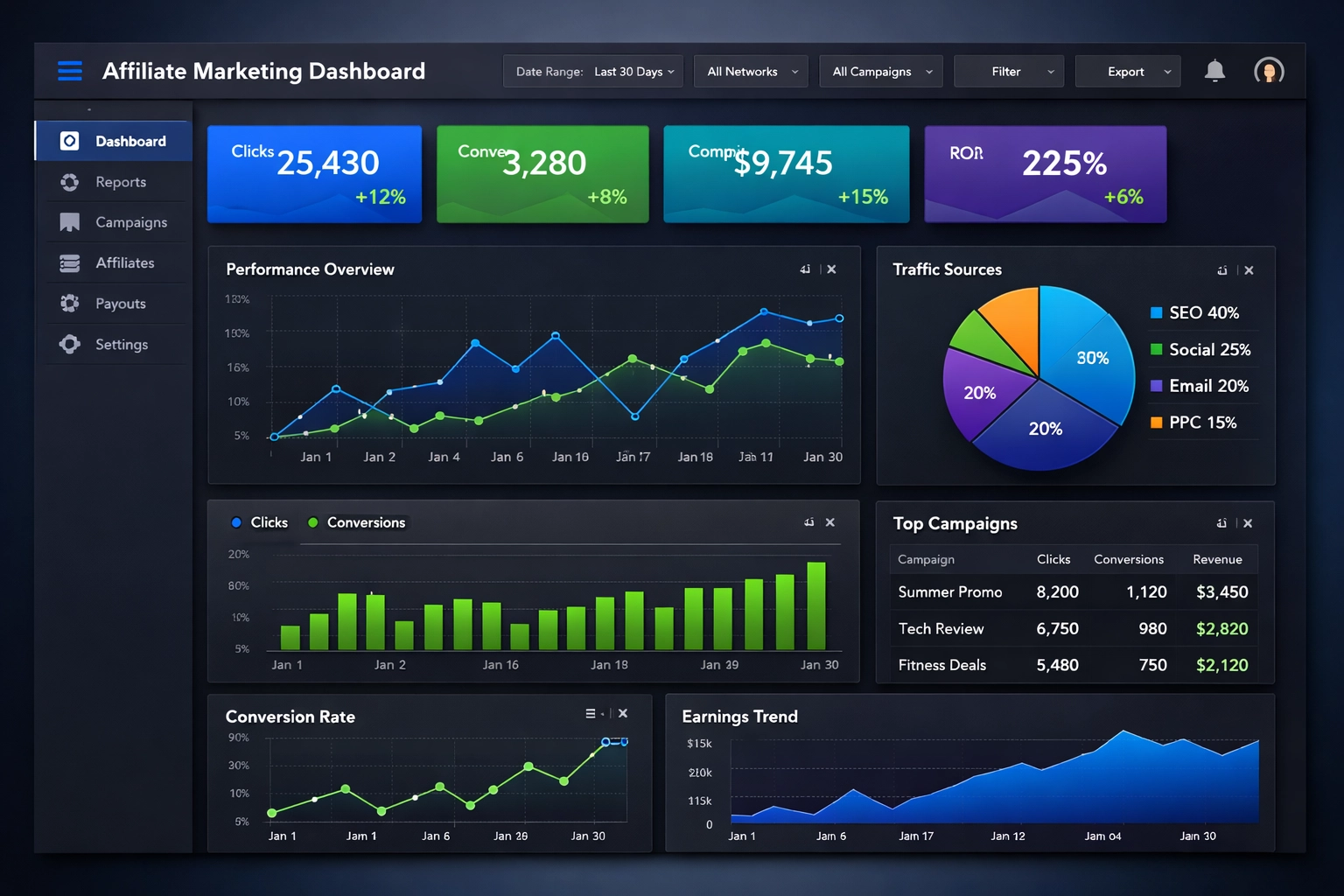 Affiliate marketing dashboard s analytikou a výkonovými metrikami v reálnom čase