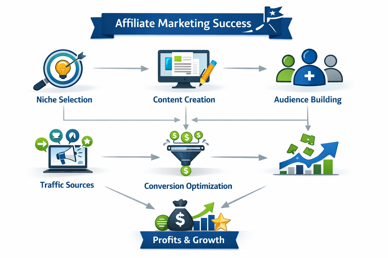 Stratégia affiliate marketingu – prepojené prvky úspechu na infografike