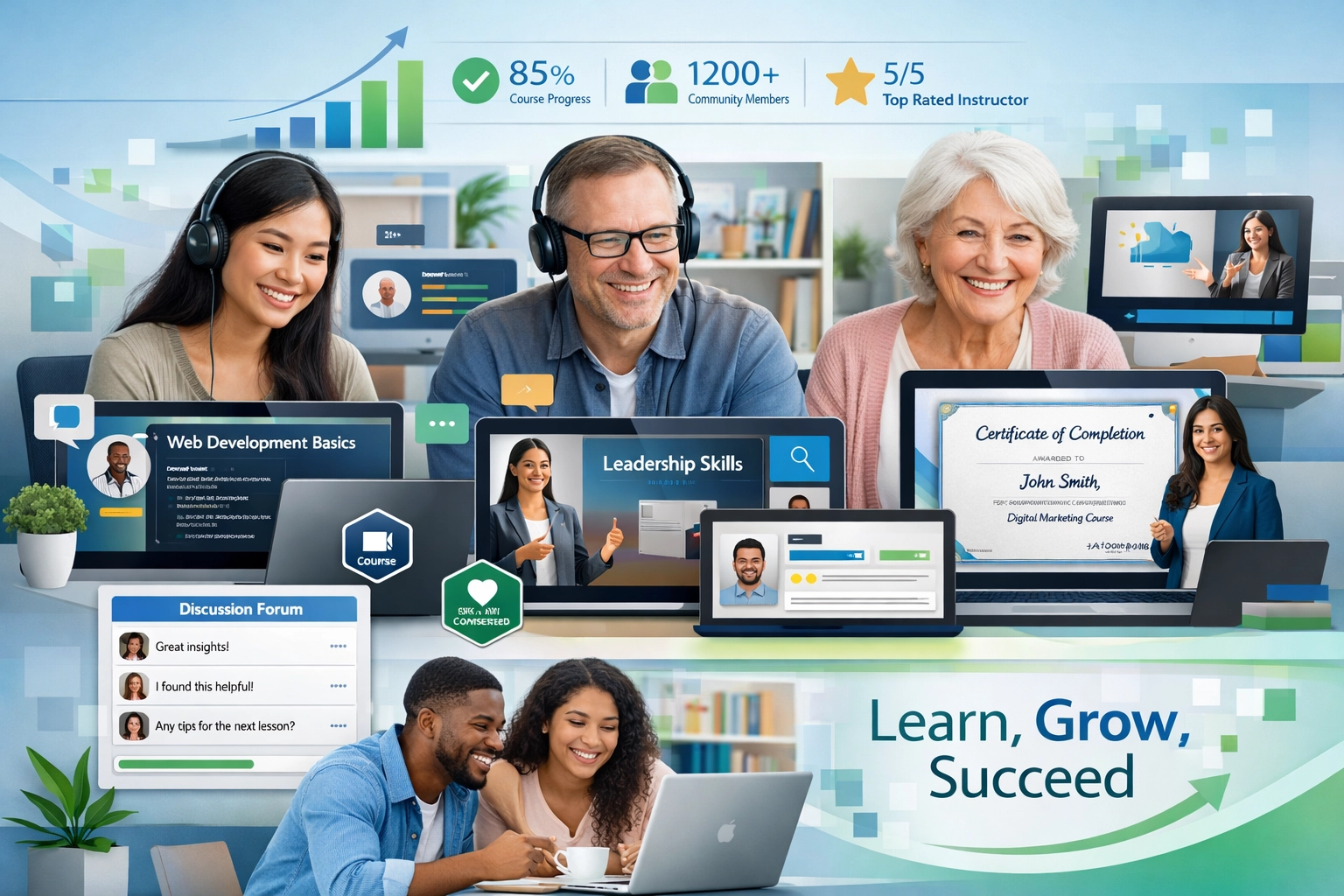 Moderná online vzdelávacia platforma s rozmanitými študentmi a kurzami