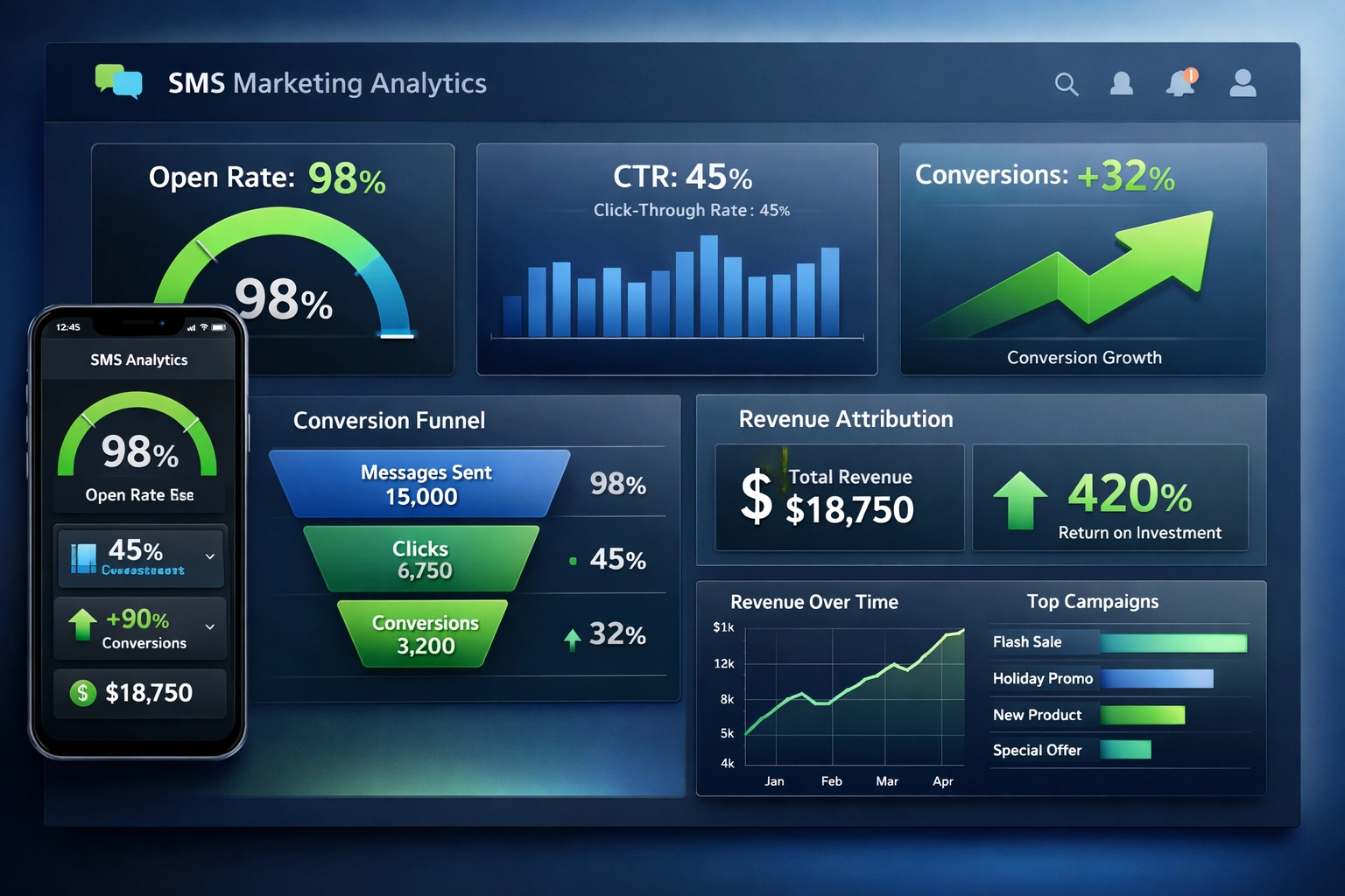 SMS Marketing Analytics Dashboard showing open rates, click-through rates, and conversion metrics