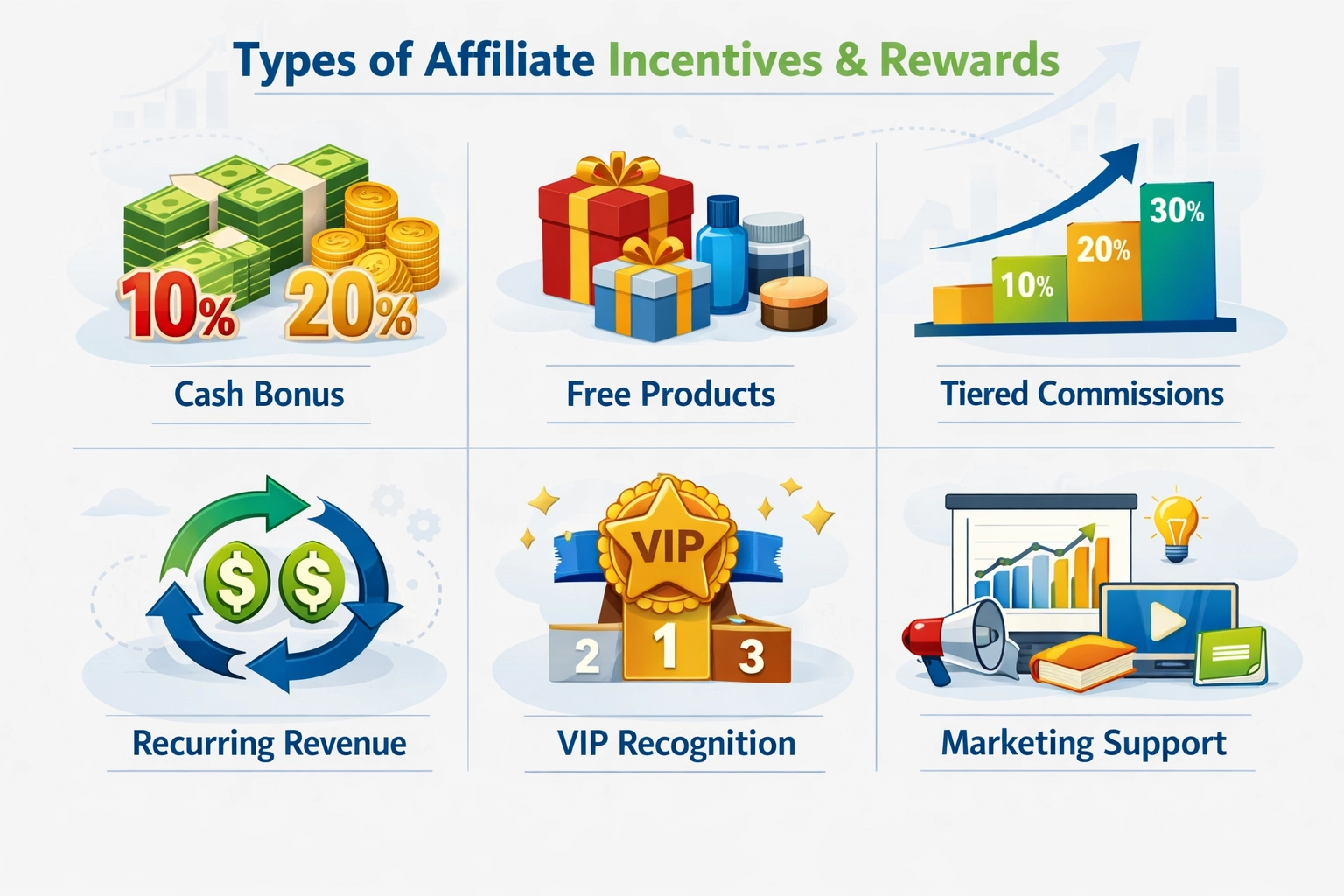 Comprehensive infographic showing different types of affiliate incentives and rewards