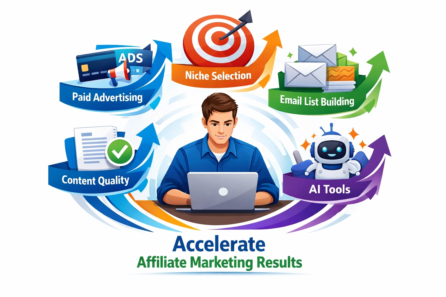 Strategies to accelerate affiliate marketing results including paid ads, niche selection, email list building, AI tools, and content quality