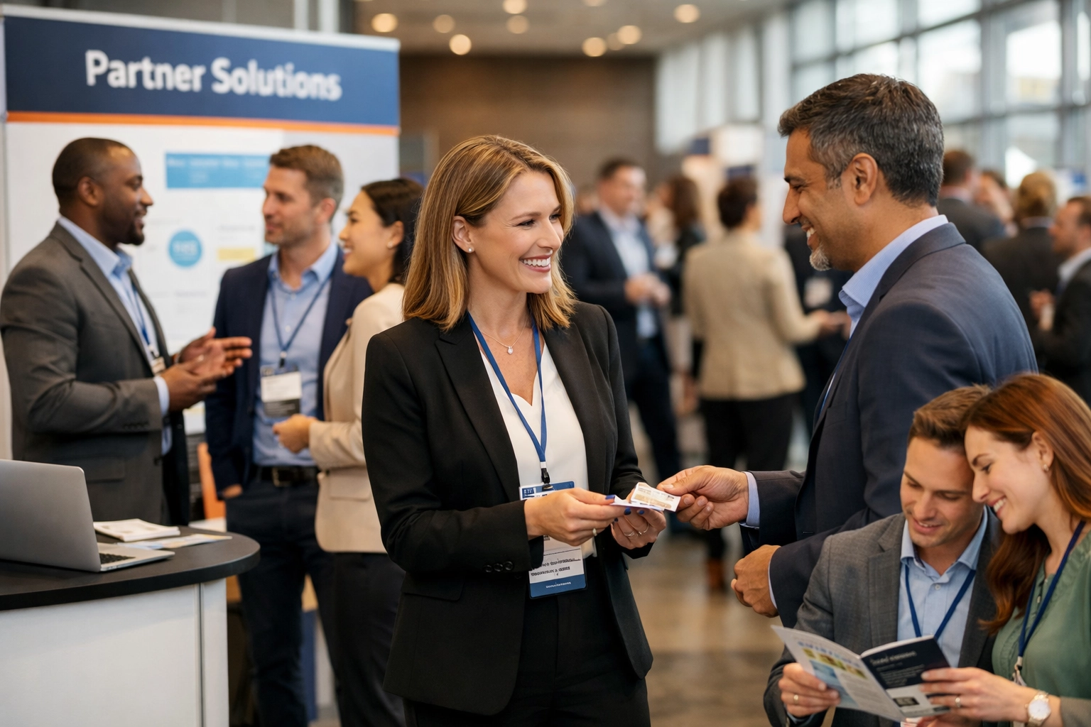 Obchodní profesionáli sa zoznamujú na priemyselnej konferencii, vymieňajú si vizitky a diskutujú o partnerstvách