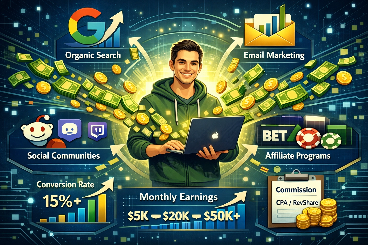 Betting affiliate marketer revenue streams and growth channels visualization