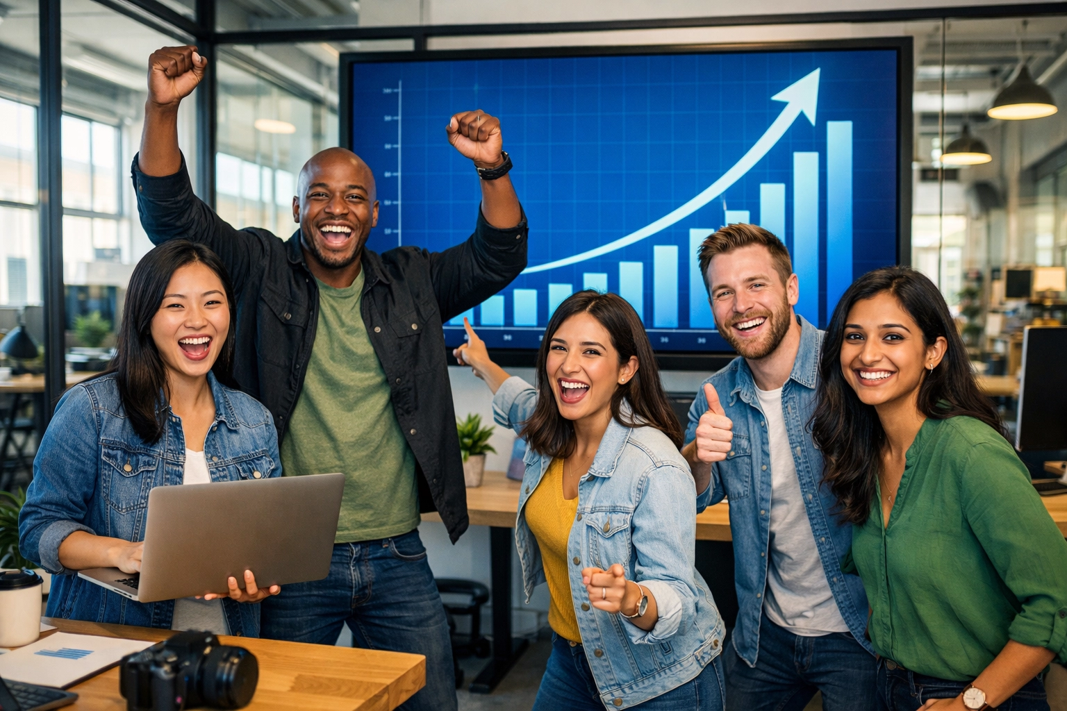 Diverse tech startup team celebrating success with upward trending growth chart displayed on screen behind them