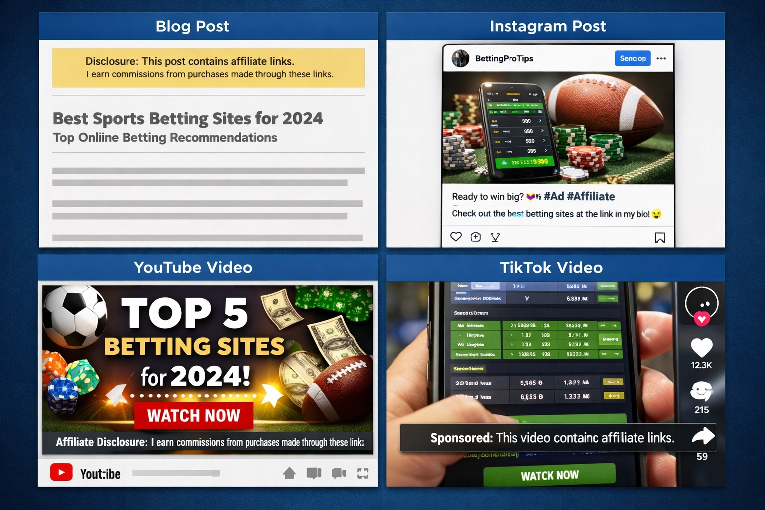 Príklady affiliate zverejnení na blogu, Instagrame, YouTube a TikToku