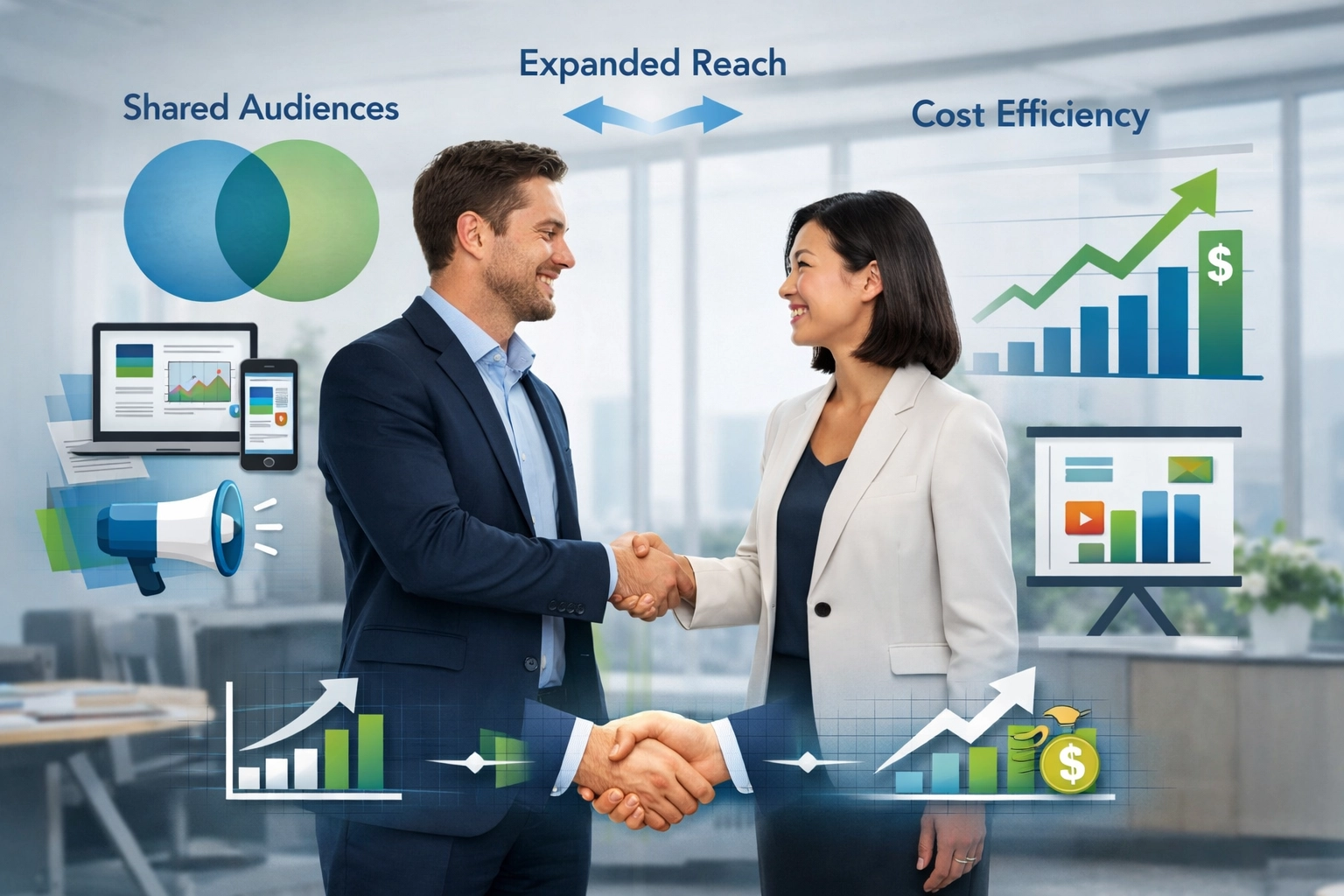 Vizualizácia co-marketingového partnerstva so zdieľaným publikom a rozšíreným dosahom