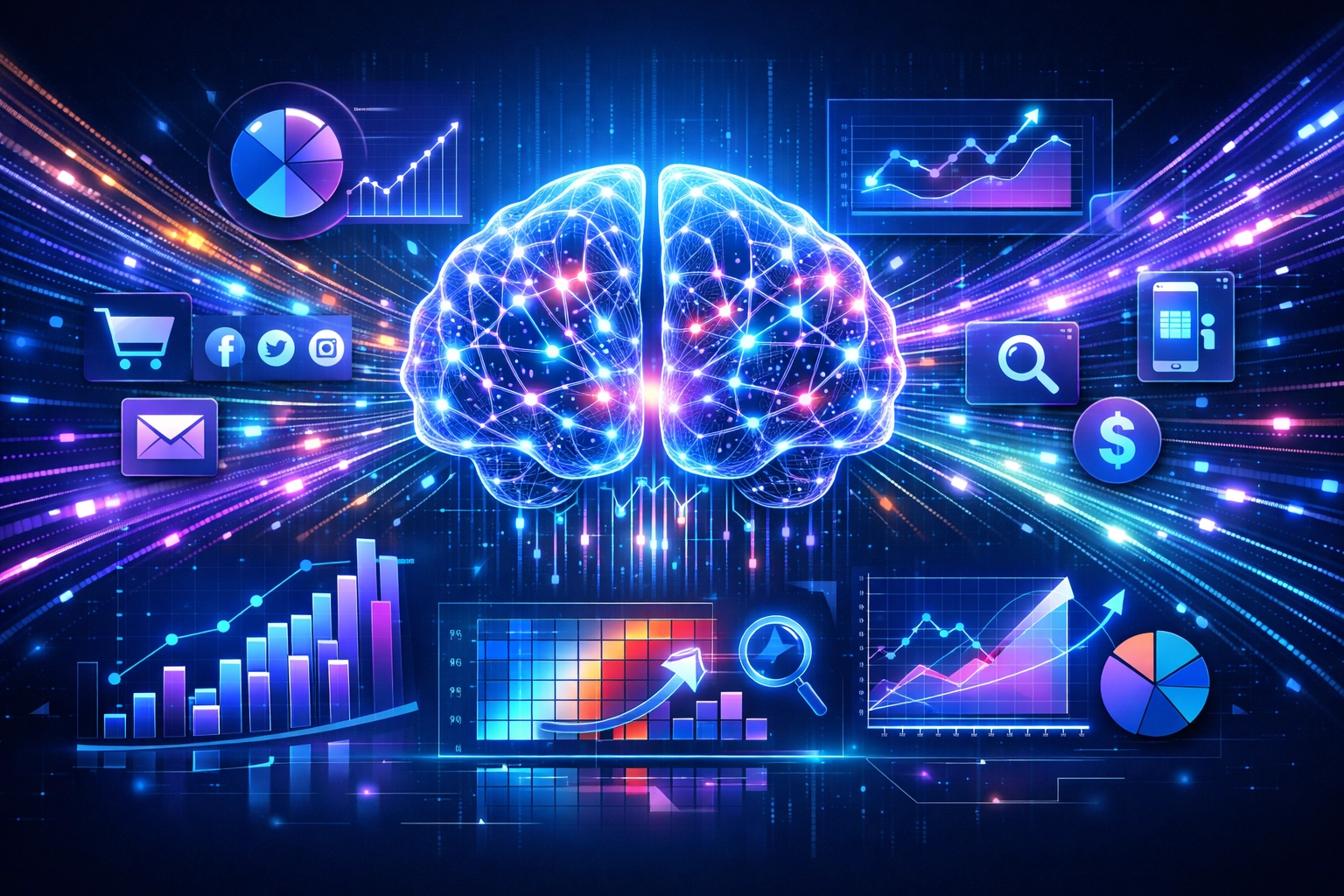 AI a strojové učenie analyzujú dáta atribúcie v marketingu pomocou neurónových sietí