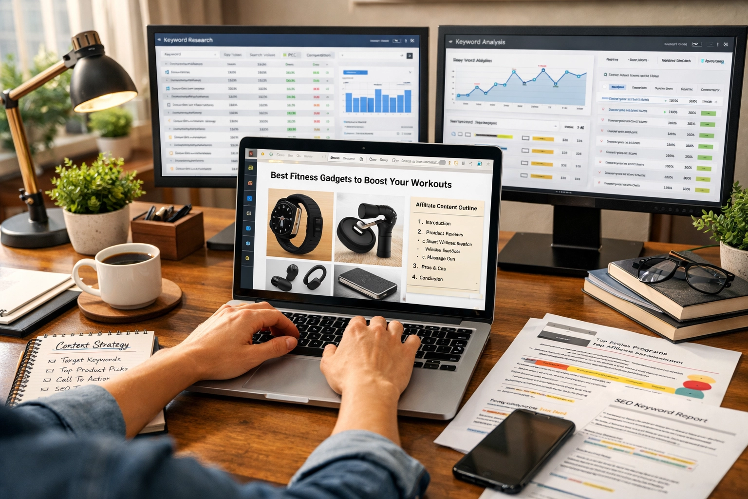 Tvorca obsahu pracujúci na affiliate blogovom príspevku s výskumom kľúčových slov a analýzou produktov