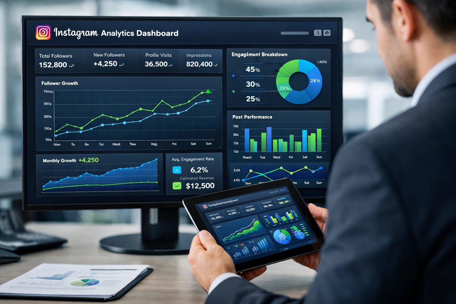 Analytický dashboard Instagramu zobrazujúci metriky zapojenia a sledovanie výkonu