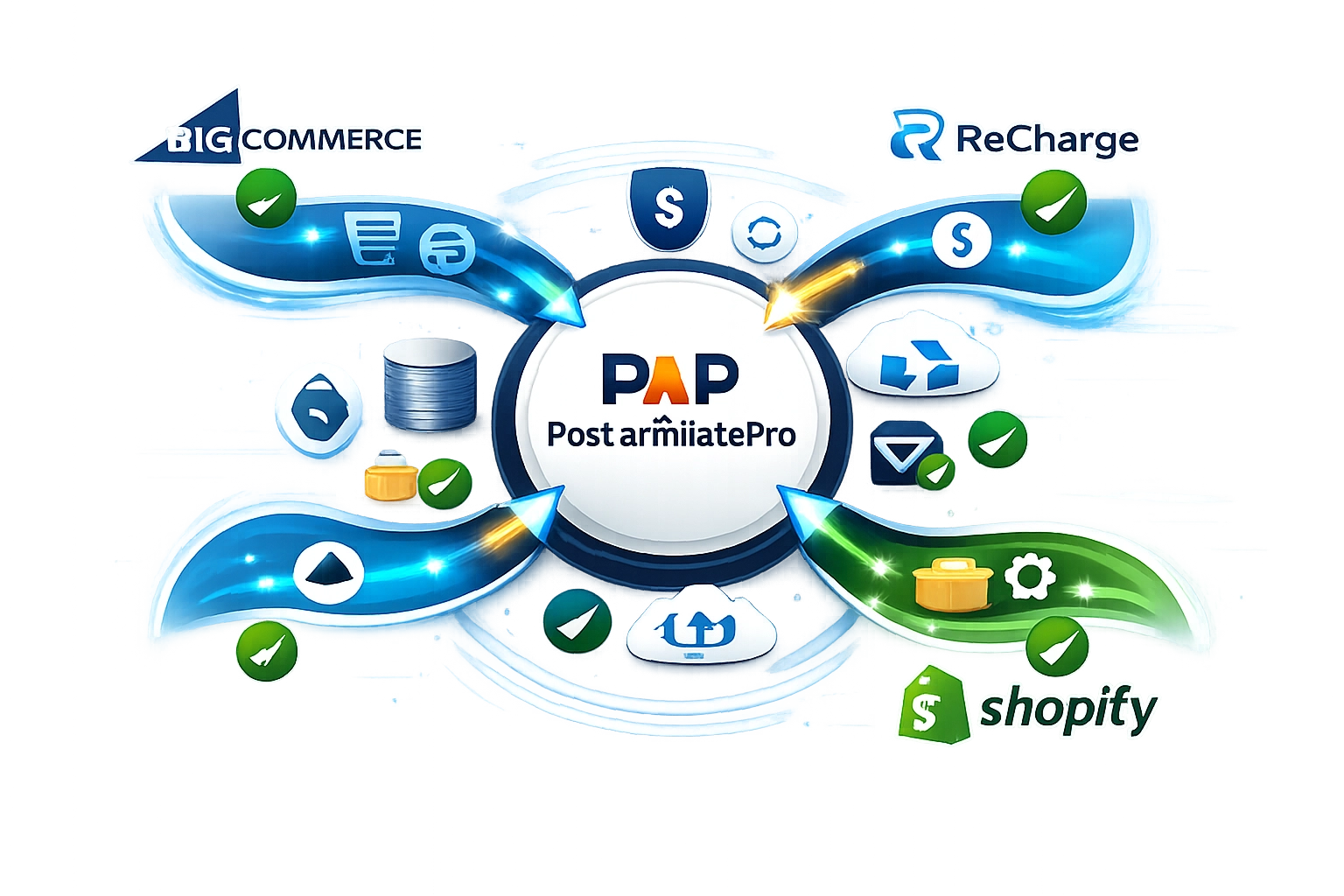 Integration ecosystem showing BigCommerce, ReCharge, and Shopify connected to PostAffiliatePro