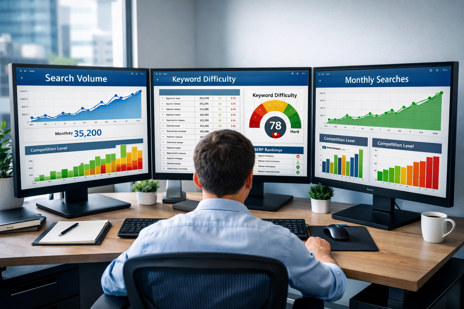 Profesionálne pracovisko zobrazujúce analýzu výskumu kľúčových slov na viacerých monitoroch s analytickými panelmi a vyhľadávacími údajmi