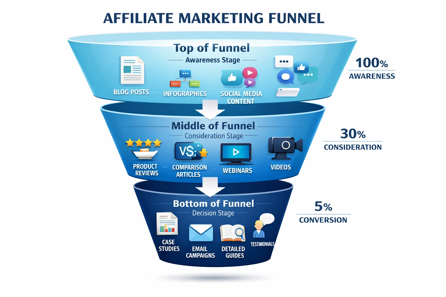 Affiliate marketing funnel znázorňujúci typy obsahu v jednotlivých fázach