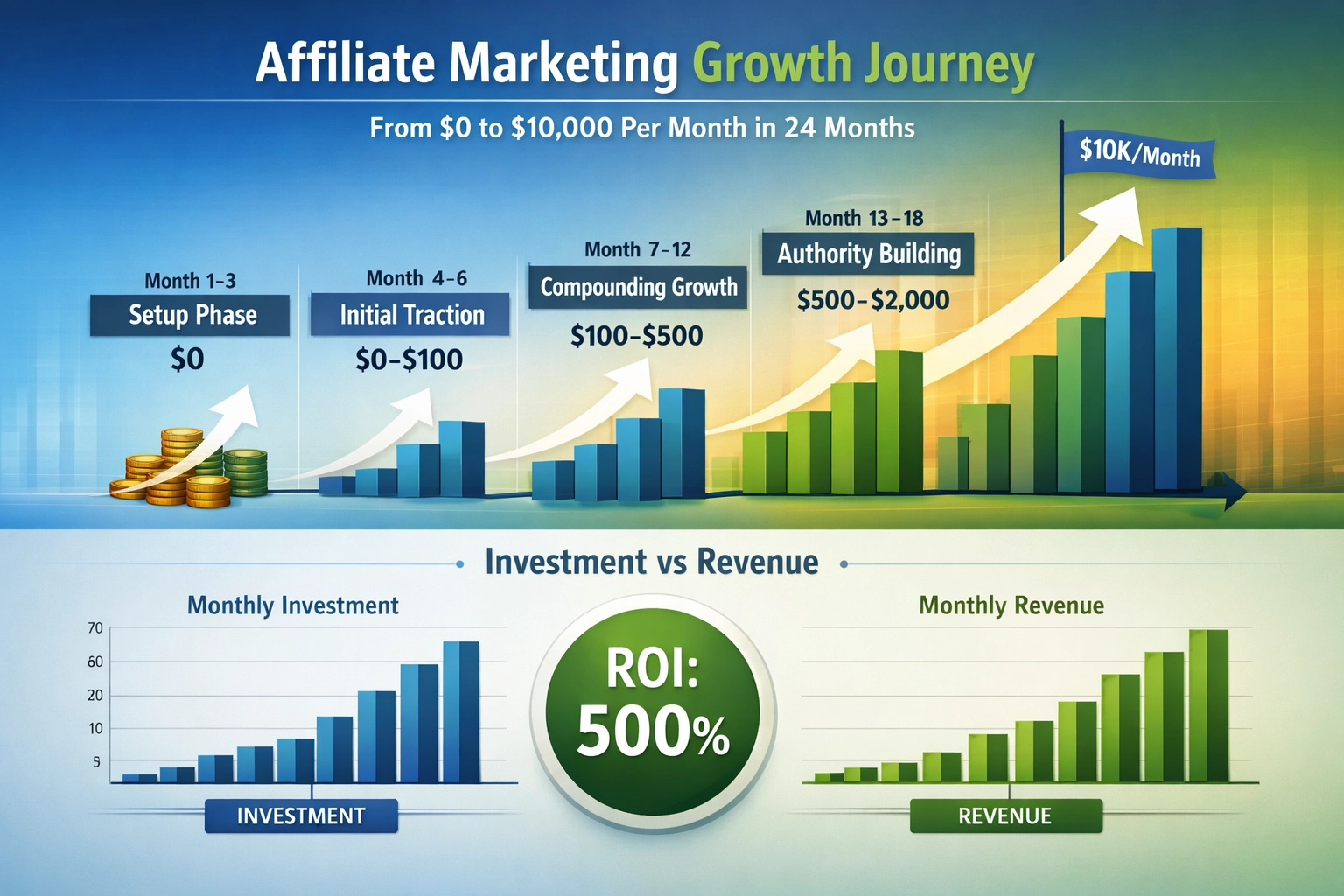 Timeline infographic showing affiliate earnings growth from $0 to $10,000 over 24 months