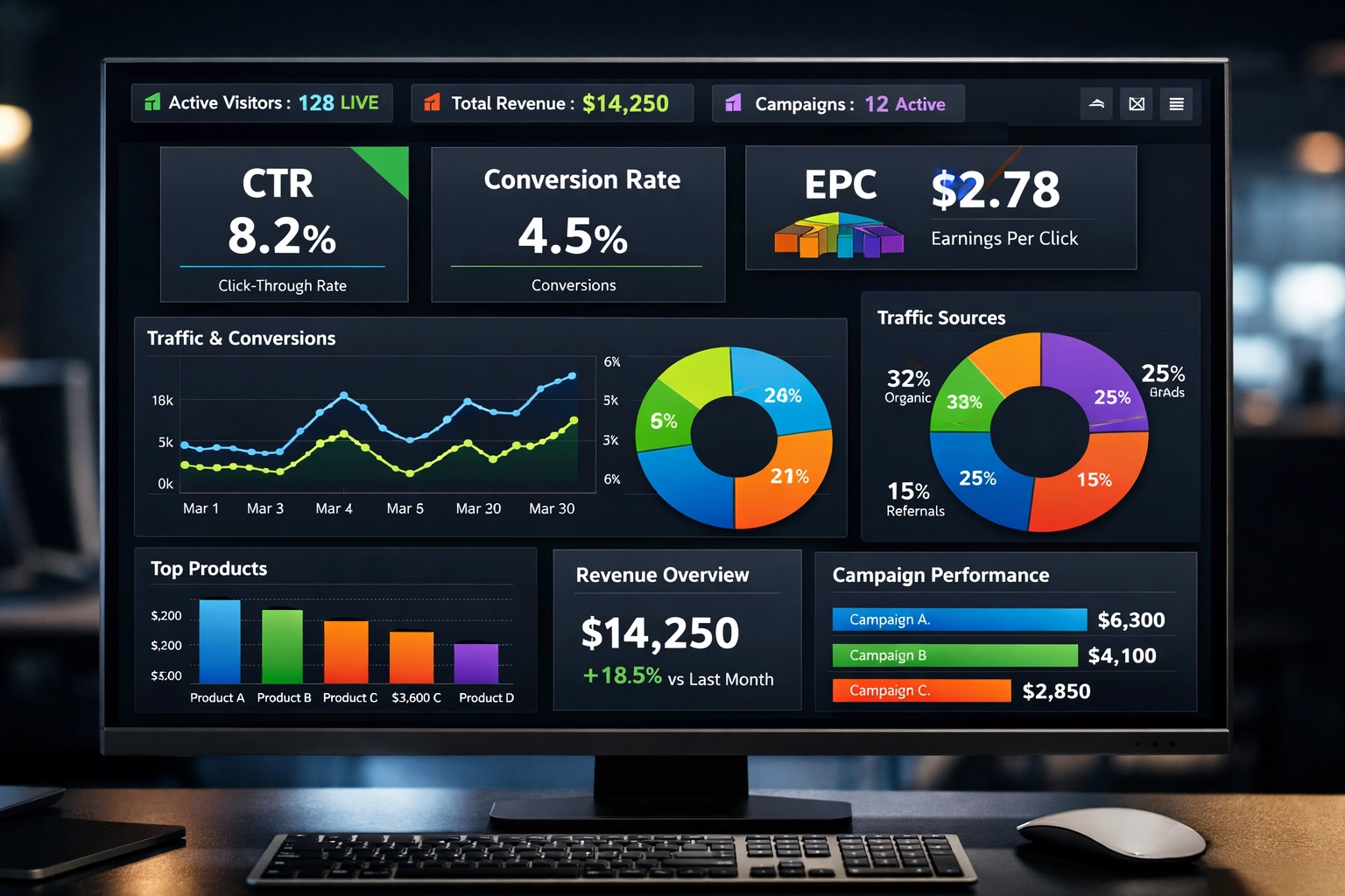 Analytics dashboard showing affiliate marketing metrics including click-through rates, conversion rates, and revenue tracking