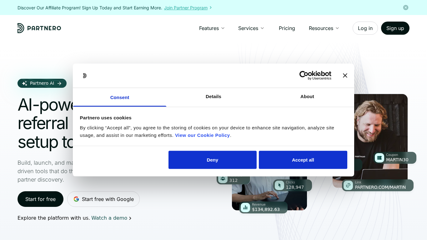 Úvodná stránka platformy Partnero na správu affiliate programov