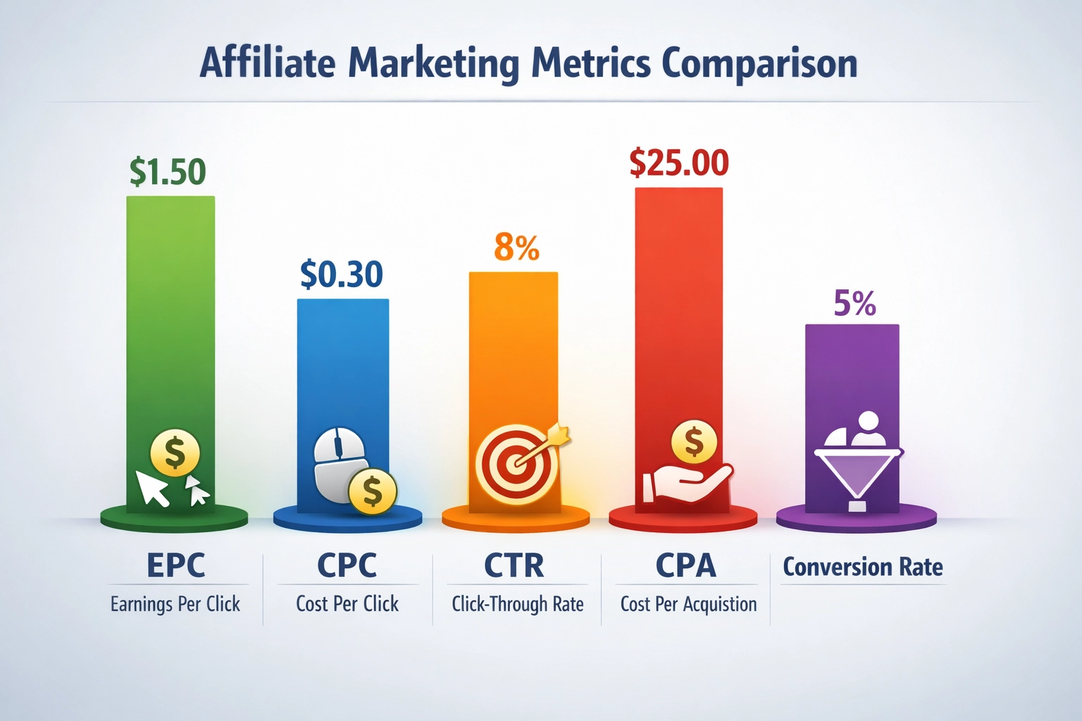 Comparison chart of different affiliate marketing metrics including EPC, CPC, CTR, and CPA