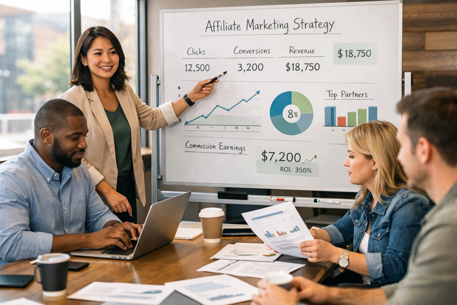 Diverzný tím spolupracuje na affiliate marketingovej stratégii v modernej zasadacej miestnosti