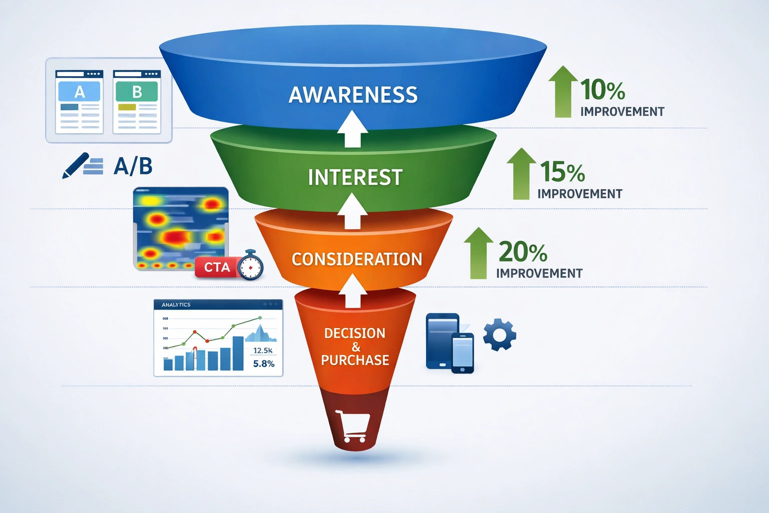 Conversion funnel optimization diagram showing stages and improvement metrics