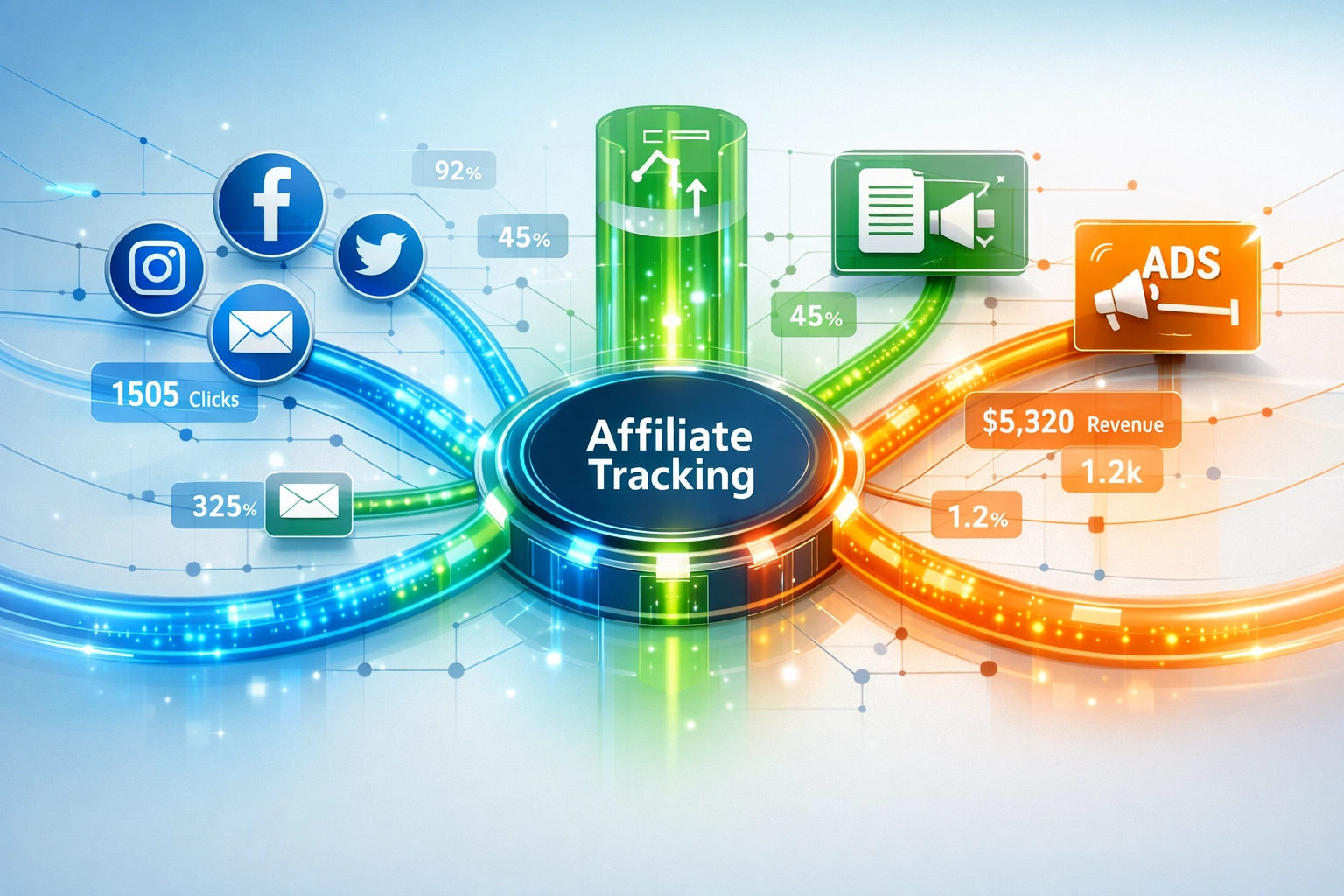 Vizualizácia siete sledovania partnerských odkazov znázorňujúca prepojené toky dát