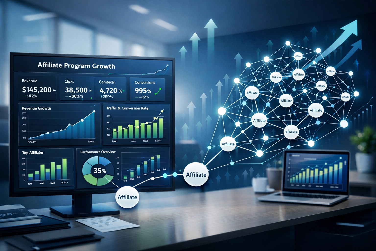 Vizualizácia rastu podnikania ukazujúca škálovanie affiliate programu s analytickým dashboardom