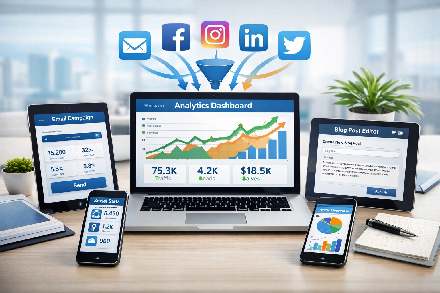 Digitálny marketingový dashboard zobrazujúci viacero zdrojov návštevnosti a kanálov s analytikou