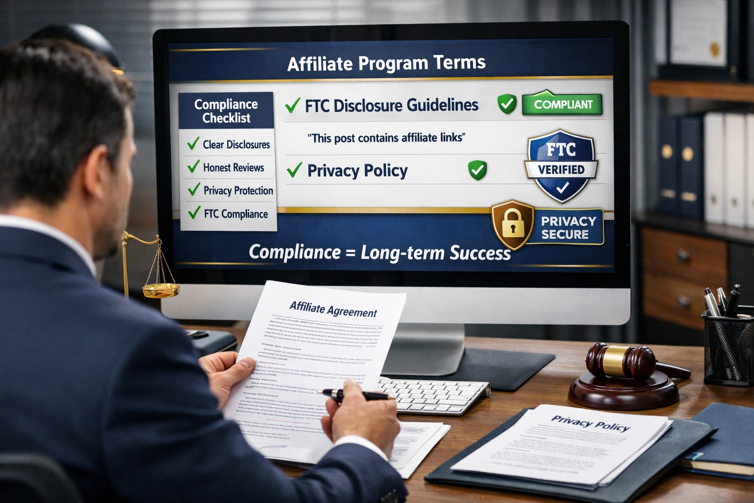 Affiliate marketér kontroluje dokumenty o zhode a právnych požiadavkách