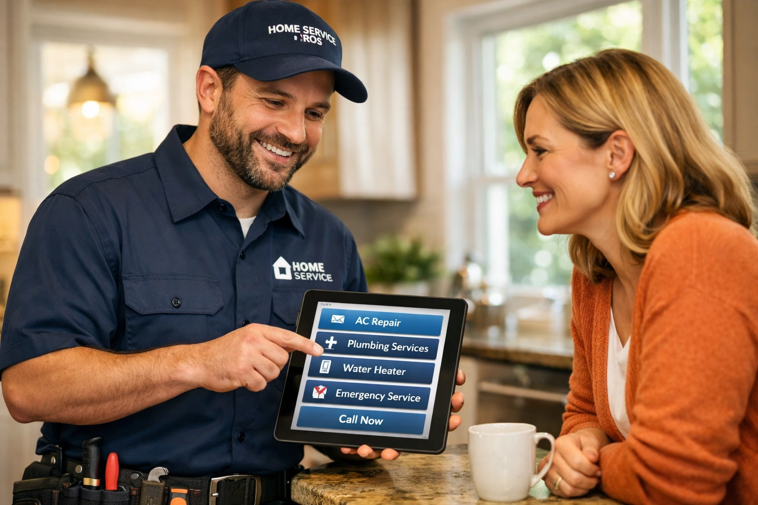 Profesionálny technik domácich služieb v kontakte so zákazníkom, demonštruje osobný prístup modelu platby za hovor