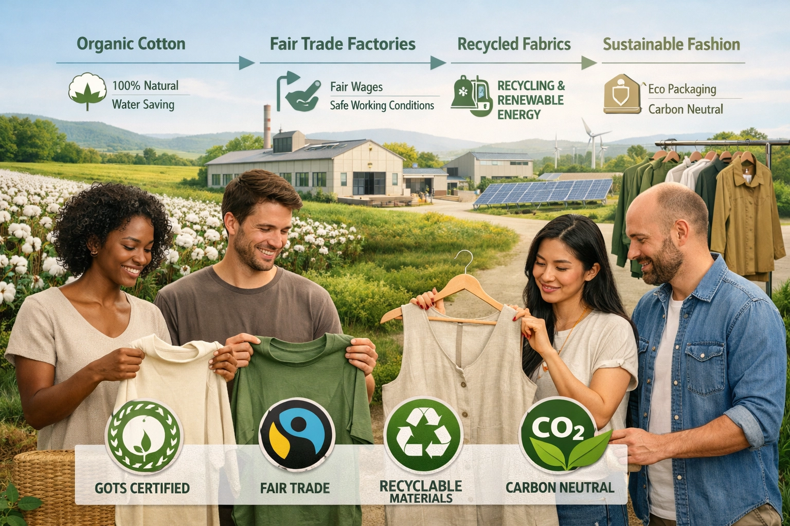 Vizualizácia udržateľného módneho dodávateľského reťazca so zobrazením etických postupov a environmentálnej zodpovednosti