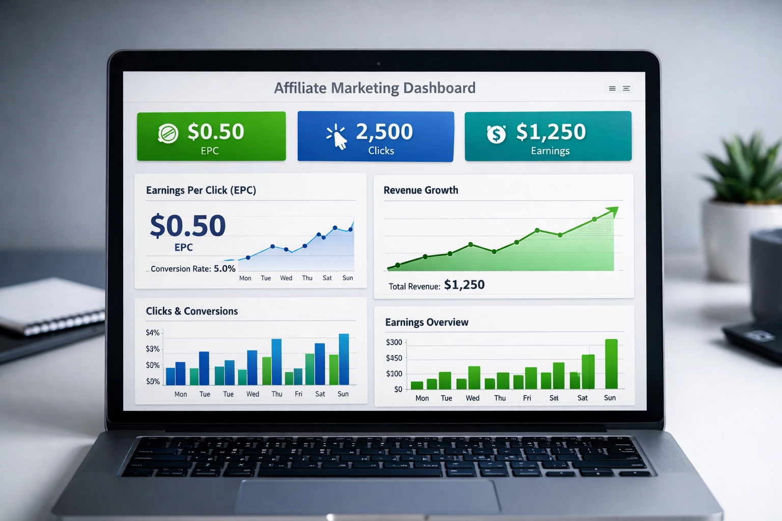 Affiliate marketing EPC dashboard showing earnings per click metrics and analytics