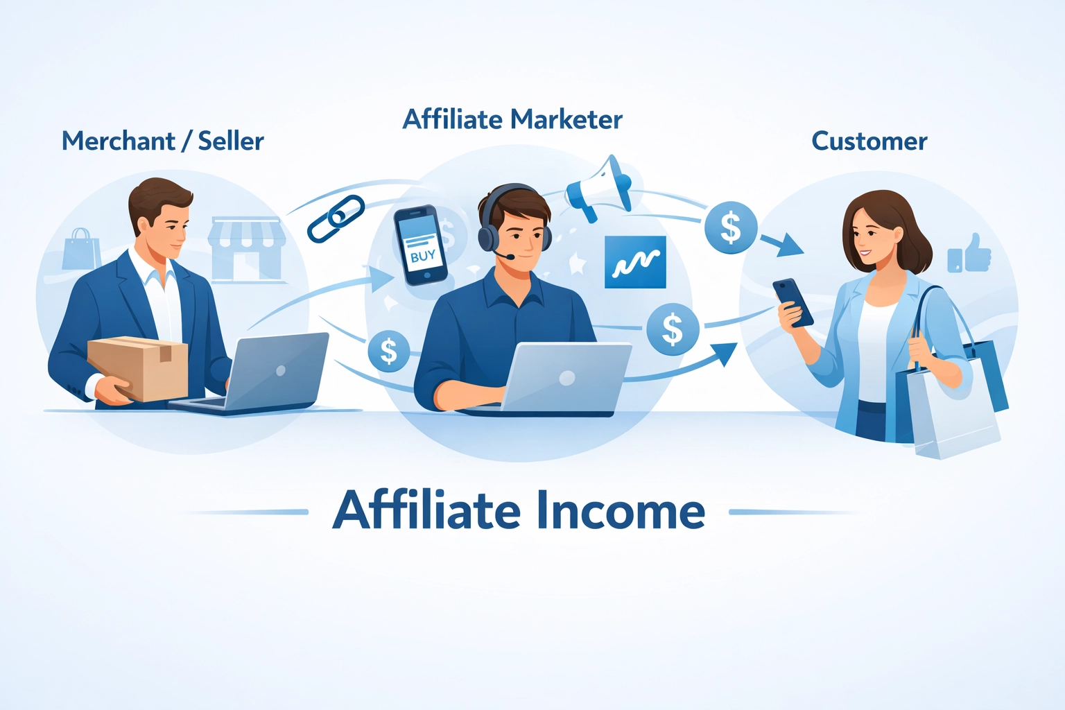 Affiliate marketing ecosystem showing merchant, affiliate, and customer connection