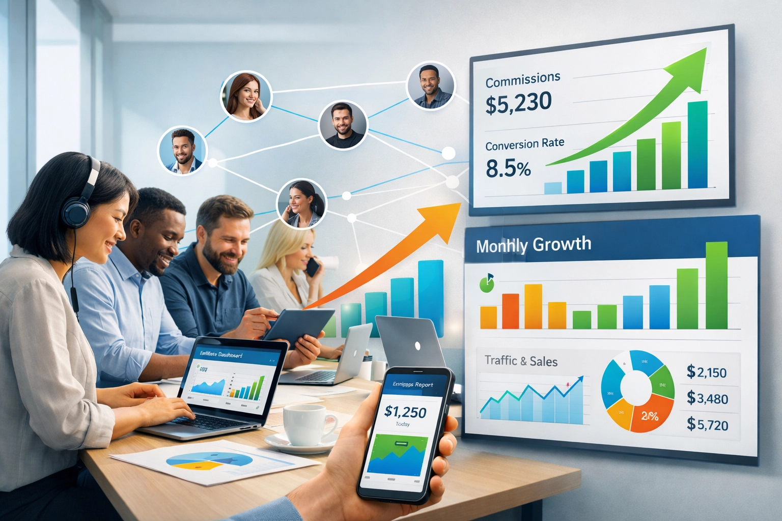 Diverse affiliate network collaborating with growth charts and performance metrics