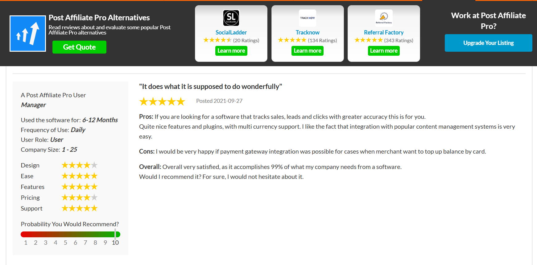 Post Affiliate Pro uznaný za lídra kategórie podľa SourceForge