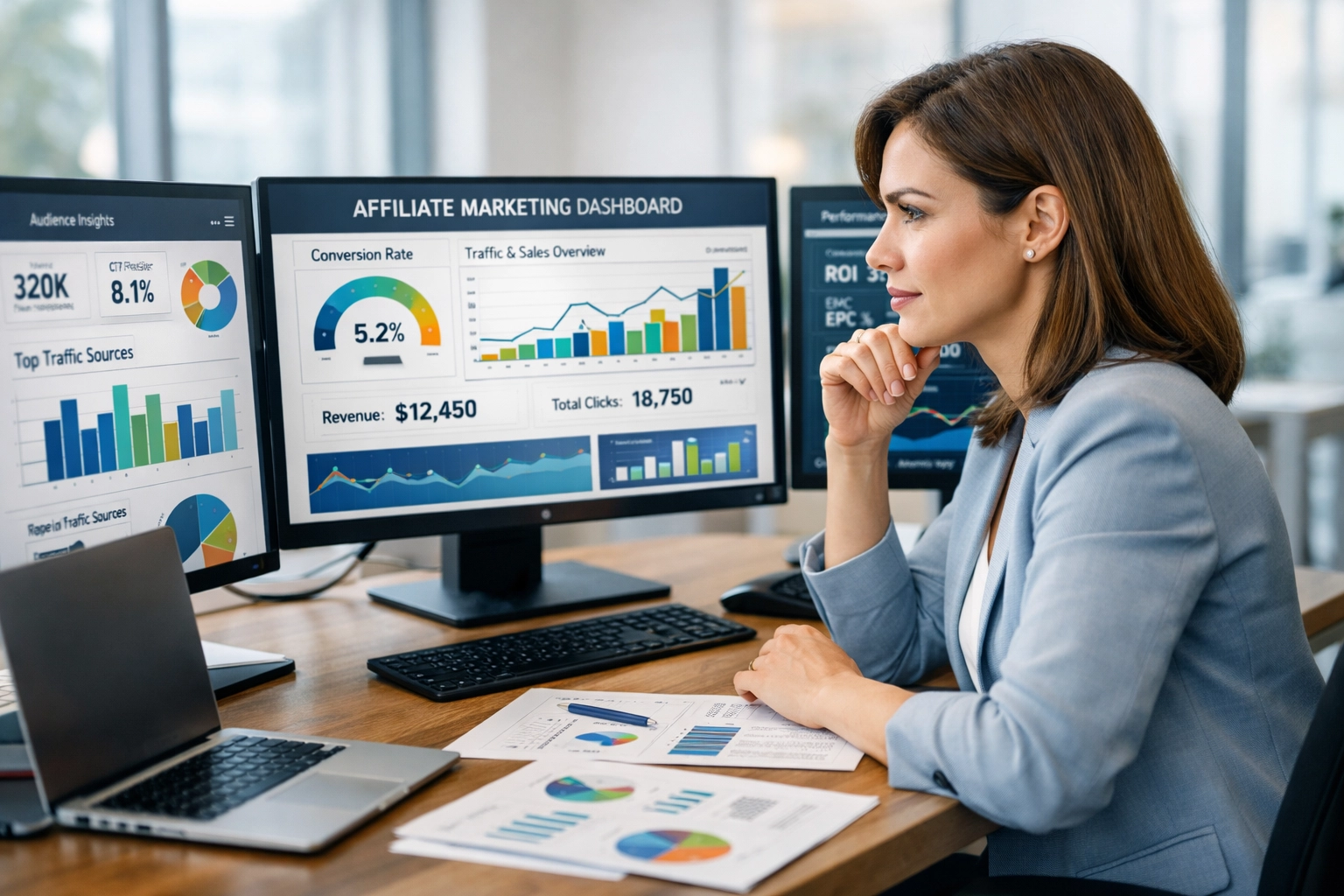 Professional woman analyzing affiliate marketer data on multiple computer monitors