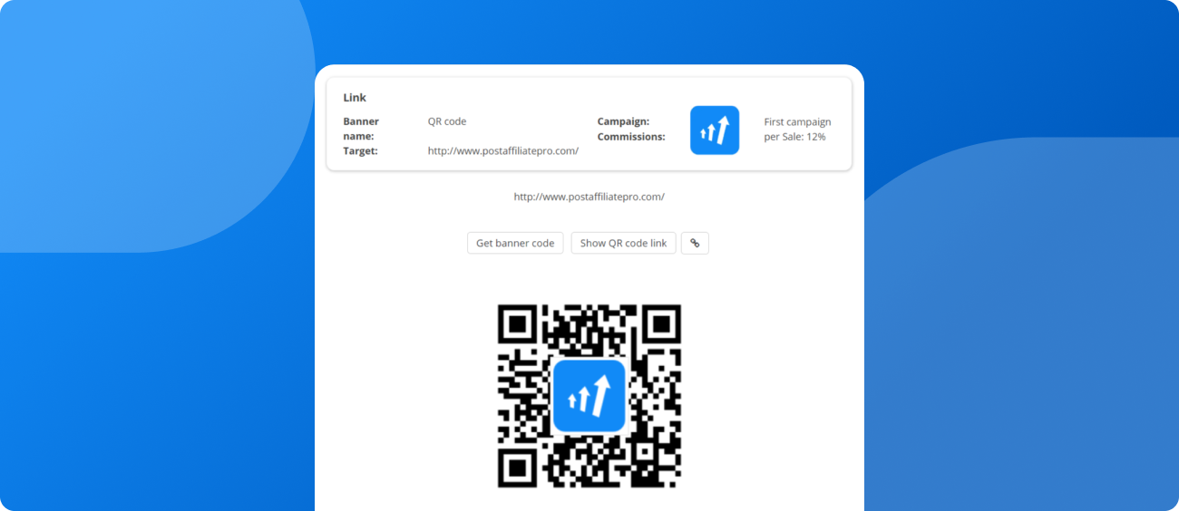 Príklad prispôsobeného QR kódu s integrovaným logom kampane, ktorý ukazuje možnosti personalizácie v Post Affiliate Pro